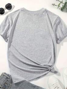 Simple Straight Tee Six Gradient Blue Grey Hearts Gentle Handwritten Text Print, Silky Skin Friendly Top For Relaxed Daily Wear - 灰色 - 查看 2