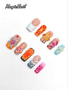10 piezas de uñas postizas hechas a mano de forma pura, uñas cuadradas de 25 mm de longitud, uñas de color rosa carne, naranja, blanco, verde a juego, forma de sandía con puntos rosa y negro, pétalos en relieve tridimensionales, decoración con puntos pintados, líneas blancas, decoración con pequeñas perlas blancas. Pieza de uñas personalizada, pieza de uñas de primavera. - Multicolor - Ver 3