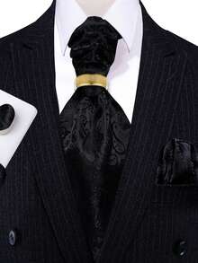 Bộ 4 món sang trọng dành cho nam giới: khăn cài túi áo Ascot họa tiết Paisley Jacquard màu đen, khuy măng sét và vòng vàng, thích hợp cho tiệc cưới, tiệc chiêu đãi, dạ hội. - màu đen - Xem 1
