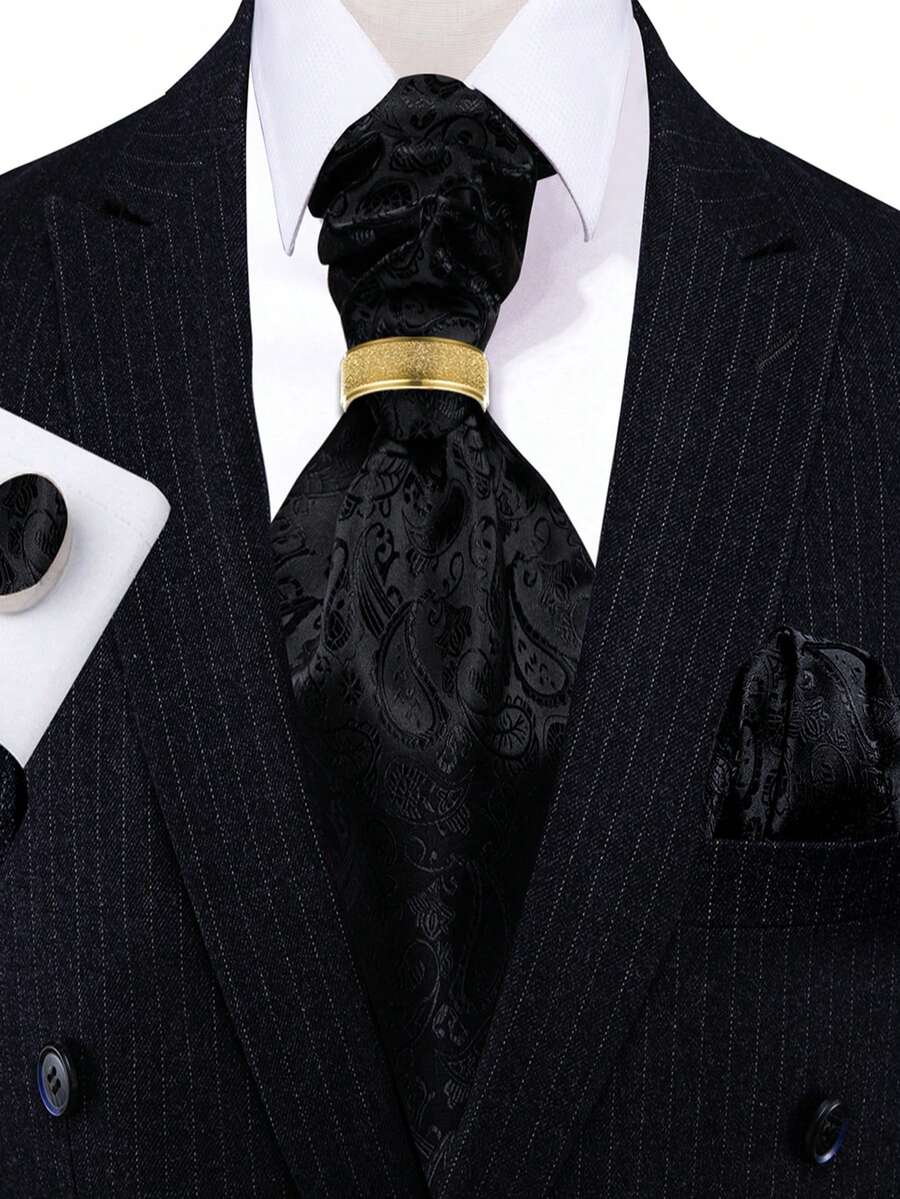 Bộ 4 món sang trọng dành cho nam giới: khăn cài túi áo Ascot họa tiết Paisley Jacquard màu đen, khuy măng sét và vòng vàng, thích hợp cho tiệc cưới, tiệc chiêu đãi, dạ hội. - màu đen - Xem 1