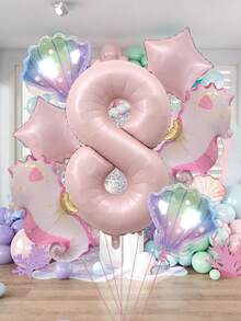 Set Balon Foil Aluminium Tema Laut 8 Buah, Elemen Bintang, Kerang, dan Kuda Laut, Balon Angka 0-9 Warna Pink, Termasuk Pita, Cocok untuk Tema Kuda Laut, Pesta Kolam Renang, Pesta Ulang Tahun, Dekorasi Acara, Tata Ruang Suasana, Dekorasi Rumah, Mandi, Dekorasi, Dekorasi Hawaii, Dekorasi Ulang Tahun Tema Laut - Berwarna merah muda - View 8