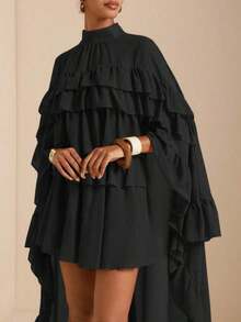 Women's Retro Elegant Ruffle Hem Brown Blouse - 黑色 - 查看 2