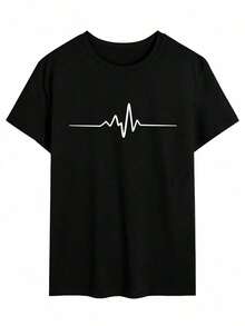 Men's Casual T-Shirt With Crew Neck And ECG Print For Summer - 黑色 - 查看 3