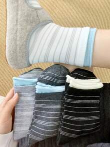 1/4 Pair Striped Casual Crew Socks, Suitable For Spring And Autumn - Multicolor - View 3