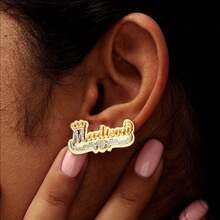 Personalized Name Double-Layer Crown Earrings, Custom Name Stud Earrings For Women, Two-Tone Nameplate Gift, Personalized Jewelry, Wedding Valentine' Day Gift, Year-Round Wear - Vàng - Xem 3