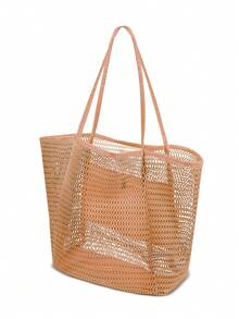 Large Capacity Women's Beach Tote Bag, Portable Mesh Beach Bag, Foldable Beach Bag With Large Capacity Mesh Tote Bag, Women's One Shoulder Summer Outdoor Travel Mesh Tote Bag, Khaki/Black, Solid Color One Shoulder Mesh Bag, Mesh Beach Toiletry Storage Bag, Lightweight And Fashionable, Suitable For Daily Use, Travel, Shopping, Swimming And Beach Vacation, Summer Outing, Beach Play And Travel Shopping - Multicolor - View 16