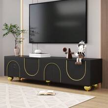 TV Stand, Low Model With Textured Doors, Gold Decorations, Round Gold Legs, Includes Shelves And Push-To-Open Mechanism. - Black - View 8