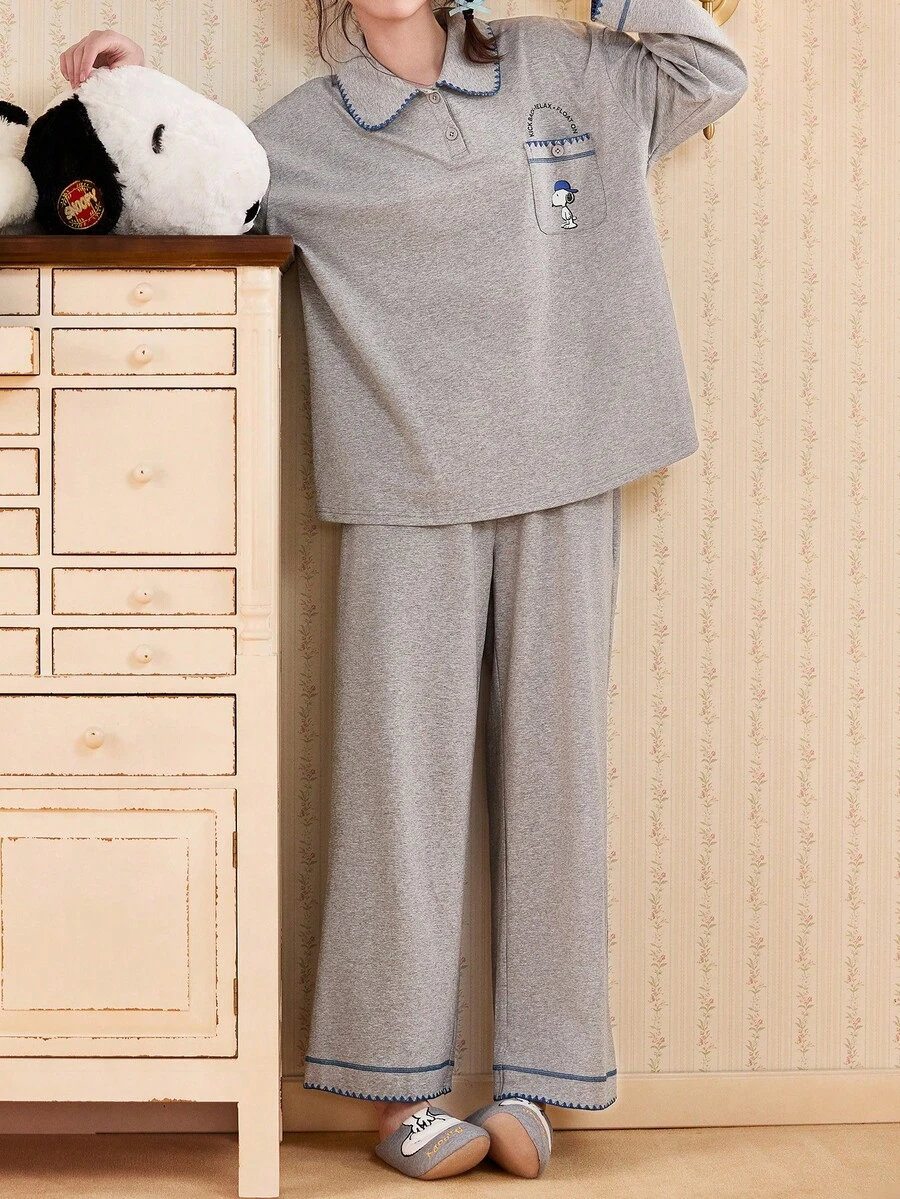 SNOOPY 两件套史努比女士长袖睡衣套装，舒适柔软上衣搭配松紧腰长裤，浅灰色家居服，带口袋 - 淺灰色 - 查看 1