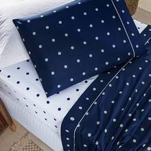 King/Queen/Double/Single 4-Piece Sheet Set Petit Polka Dot Percale 200 Thread Count Pillowcase With Drawstring Detail - Marinblå - Visa 4