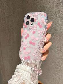 Cherry Transparent Painted Phone Case With Chain, Creamy Wavy Edge, Minimalist Anti-Drop Thickened Protective Cover With Print, Suitable For Phone Shell - Multicolor - View 3