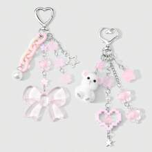 1件创意甜美女孩休闲可爱白色仿珍珠仿水晶圆珠粉色树脂亚克力半透明樱花链蝴蝶结闪光镂空星星像素爱心毛绒3D卡通泰迪熊钥匙扣包挂件，适合女性、女孩、姐妹、闺蜜、日常佩戴、节日礼物 - 彩色 - 查看 2