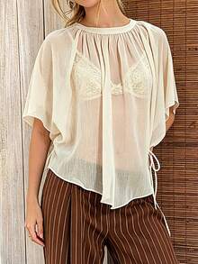 Womens Mesh Poncho Tops Mock Neck Loose Fit Solid Color See Through Flowy Summer Cover Up Shawl Wrap Blouse - White - View 2