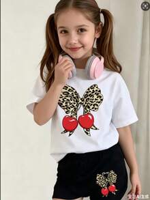 2pcs/Set Girls Summer Butterfly & Cherry Print Round Neck T-Shirt + Shorts Set, Casual Vacation & School Outfit, 4-7Y - Black and White - View 4