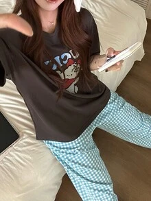 Gongdie 2pcs/Set Women's Cotton Cartoon Short Sleeve & Long Pants Pajama Set, Spring/Summer - Grey - View 2