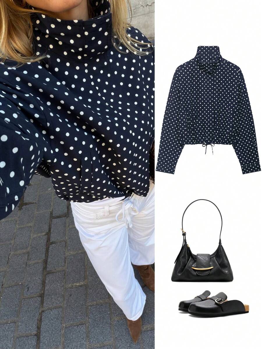 Women's Spring/Summer New Fashionable Versatile European And American Style Loose Long Sleeve Stand Collar Polka Dot Petal Sleeve Jacket - Navy Blue - View 1