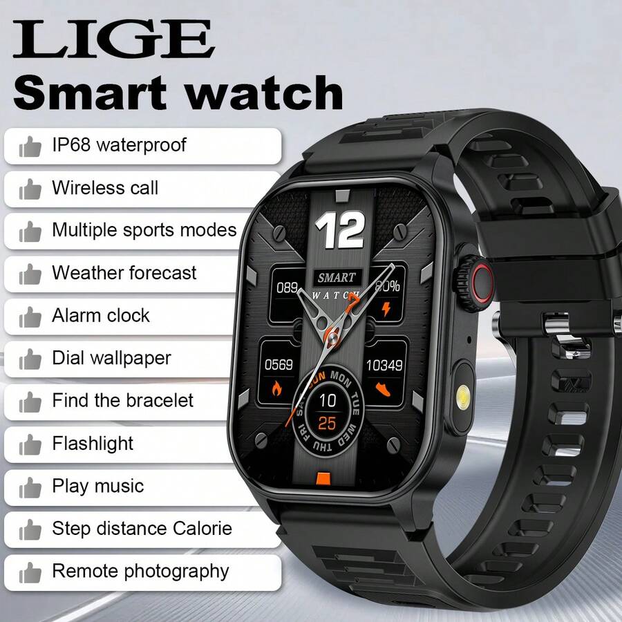 LIGE New Smart Watch With 370mAh Large Battery Capacity, Over 100 Sports Modes, Running Timing, Sleep Monitoring, Music Playback, Multiple Customizable Watch Faces, Fashionable Waterproof Sports Watch