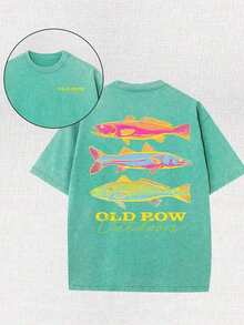 Men's Casual Summer Washed Cotton T-Shirt Old Row Outdoor Fish Print, Round Neck Short Sleeve Lightweight Knitted Fabric, Rib Details 100% Cotton - Grass Green - 查看 13
