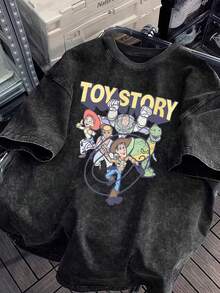 Disney Men's Summer Retro Washed Cotton T-Shirt With Round Neck And Short Sleeve "Disney" And "Toy Story" Woody, Pattern Round Neck Retro Cotton Washed To Make Old  Cotton Short Sleeve T-Shirt, Retro Fashion To Make Old T-Shirt, Disney Element Street Wind 2026 Spring And Summer Retro Fashion Lovers Popular Style To Make Old Round Neck T-Shirt. - Black - View 1