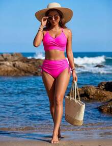 Women's High Waisted Bikini Sets, Crisscross Tie Back Drawstring Tummy Control Two Piece Swimsuits Bathing Suit - 玫紅色 - 查看 5