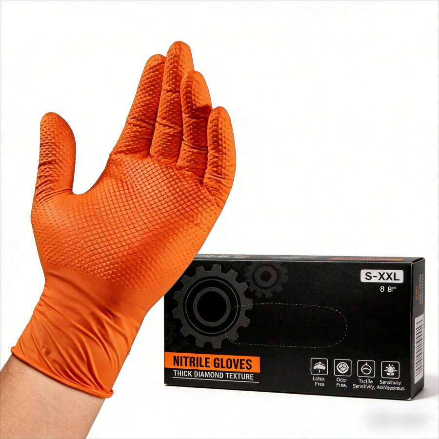20 chiếc găng tay lao động nitrile màu cam chịu lực cao, găng tay bảo hộ dùng một lần có vân kim cương, găng tay nitrile siêu bền, găng tay nitrile màu cam, dày gấp 2 lần và có cấu trúc hình thoi, găng tay thợ máy siêu bền, găng tay nitrile cực dày, dụng cụ bảo hộ vệ sinh nhà cửa, găng tay gia dụng và găng tay dùng một lần. - A - Xem 1