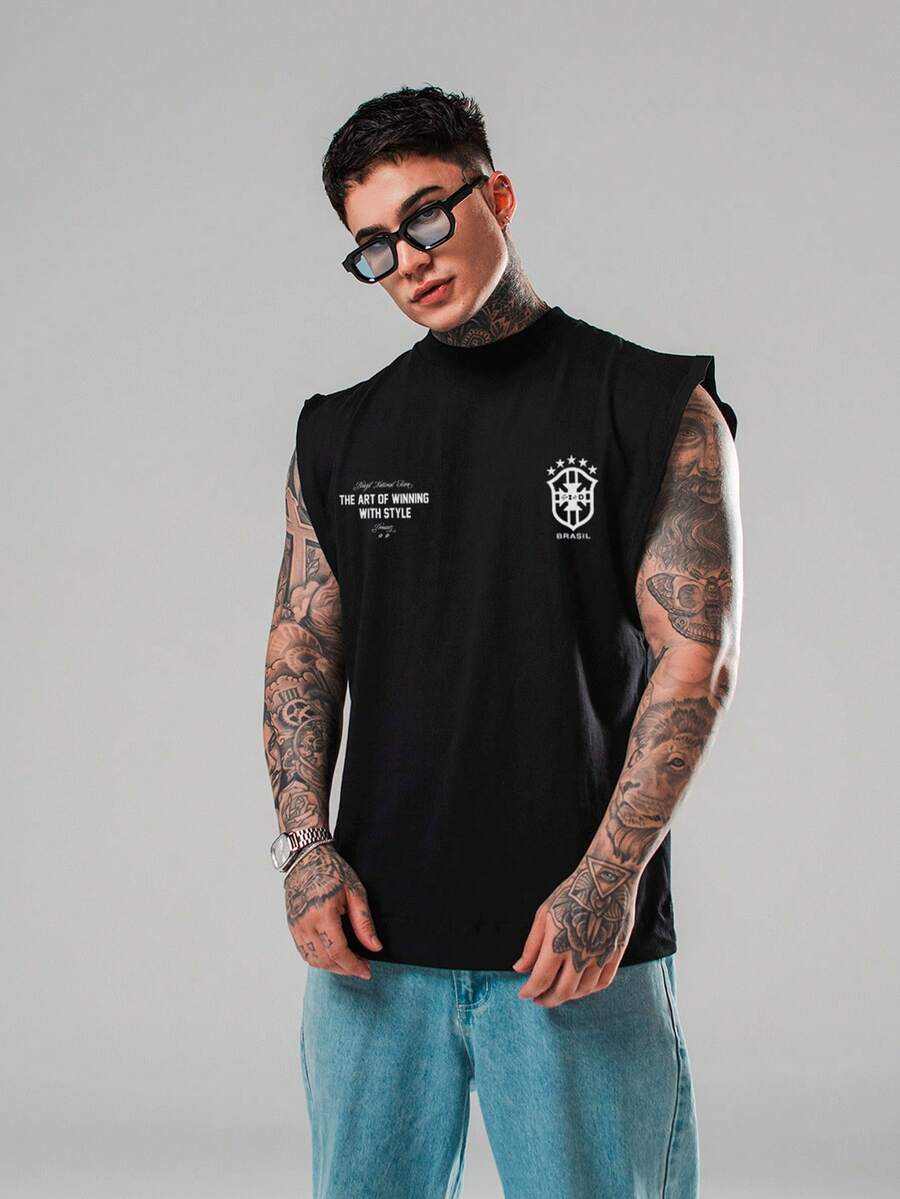 DMUNIZ Men's Oversized Tank Top, Sleeveless, Number One Copa Brasil Football Print, Lightweight Cotton, Summer, Gym, Workout, Casual, Urban Style - 黑色 - 查看 1