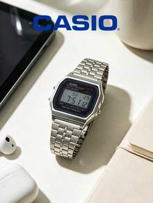 Casio 日本制造复古奢华数字腕表，经典方形银色表盘，不锈钢表带，80年代复古风格，时尚商务休闲腕表，日常佩戴，珠宝配饰，品牌礼品，附原装表盒 A159W-N1 - 銀色 - 查看 2