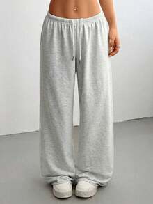 Women's Casual Solid Color Drawstring Waist Sports Pants Spring - Grey - View 4