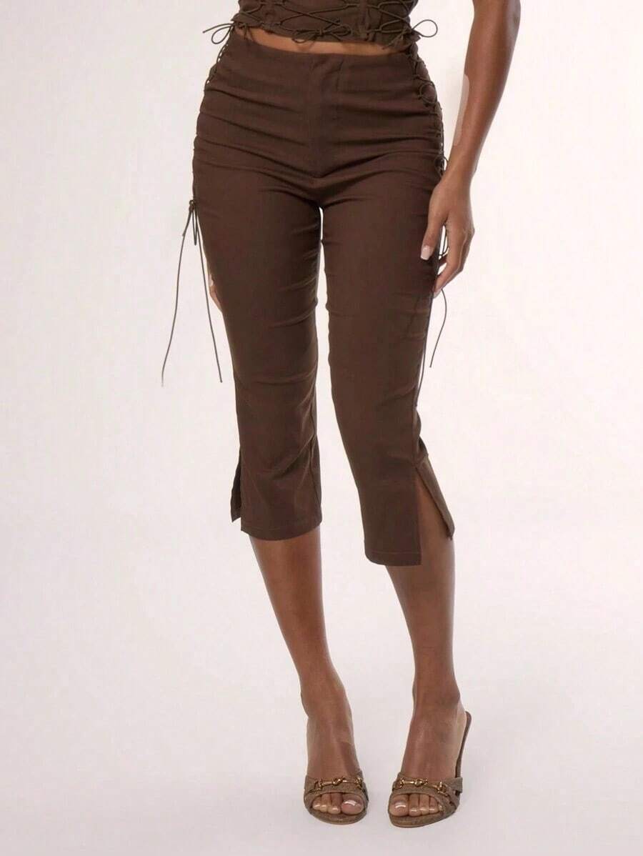 Side Laced Up Capri Pants Summer Y2k 90's Cute Sexy Vacation Elegant Cute Ibiza Festival Club Party Spring - 棕色 - 查看 1
