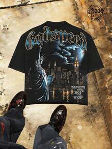 "Godspeed" Title - Oversized Distressed Print T-Shirt With Statue Of Liberty Pattern In The Night, Men's Short Sleeve, 100% Cotton, Loose Fit, Y2K Street Retro Casual Urban Aesthetics, 100% Cotton Pullover. Gift. - 黑色 - 查看 4
