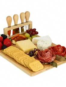 A Wooden Cheese Board Set - Including A Ham Board, Cheese Tray, Appetizer Plate, And Meat Platter With 4 Stainless Steel Cheese Knives. Portable And Perfect For Wedding Gifts, Christmas And Birthday Parties, Halloween Presents, Kitchen Use, And Travel. - View 6