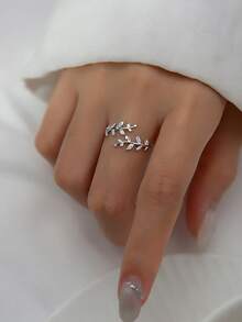 1pc S925 Sterling Silver Rhinestone Leaf Ring, Fresh Mori Style, Fashionable Minimalist Personalized Casual Elegant Adjustable Open Ring, Suitable For Women's Daily Wear, Creative Gift - Leaves - View 3