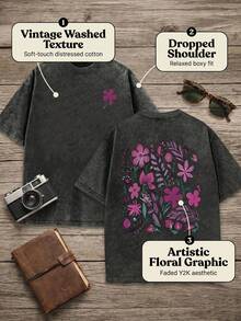 Women's Fun Plant-Embossed And Fashionable Floral Cartoon Letter Print Street Style, Korean-Style Comfortable Retro Fashion Commuting Versatile Y2K Women's Clothing, Regular Niche Punk Style Black Fitted Round Neck Short-Sleeved Washed T-Shirt, Double-Sided Printing,Washed Retro Series Comfortable Pure Cotton T-Shirt, Easily Create Retro Casual Wear, Suitable For Daily Commuting, Casual Outings, And Everyday Wear, Classic Retro Style Women's Clothing. - màu đen - Xem 6