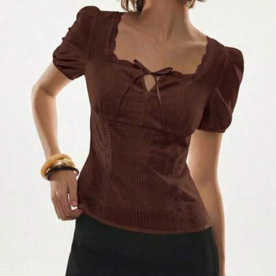 Women's Solid Color Knotted Casual Versatile Daily Wear Short Sleeve Shirt,Summer Top - Café integral - Ver 1