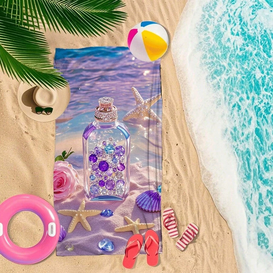 梦幻紫色宝石香水瓶和海星印花沙滩巾，速干超柔软纤维浴巾，夏季度假必备，柔软吸水防沙泳巾，适用于沙滩、泳池、浴室、旅行，轻便不易褪色速干，精美海洋主题设计，男女皆宜，超柔软高吸水性不缩水，可机洗，经久耐用。