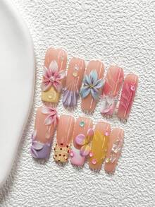10pcs Dreamy Girl Style Handmade Nail Art Set, Includes Seashell Fragments, 3D Butterflies, Colorful Bubble Beads, Handmade 5-Petal Flowers, Yellow/Purple/Blue/Pink/Red Nail Polish, Fresh Summer Style, Comes With Nail Tools (1 Jelly Sticker + 1 Nail File), 3 Nail Shapes: Almond, Duck Mouth, Coffin, Suitable For Parties, Daily Wear, Parties, Photo Shoots, Spring/Summer Commute - Nhiều màu - Xem 4