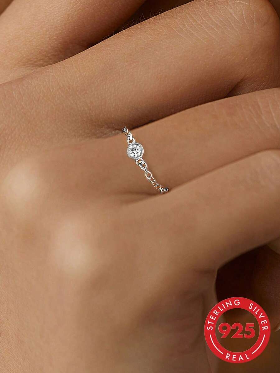 SYMFNY 1 pieza Anillo exquisito zirconia cúbica adorno con diseño de cadena plata esterlina para mujeres para decoración diaria - Plateado - Ver 1
