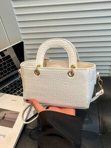 1 pieza Bolso de cuero sintético blanco con estampado de cocodrilo vintage, bolso de mano de primavera para mujer con correa para el hombro - Blanco - Ver 3