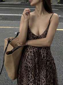 Vestido de tirantes con estampado de leopardo de moda de verano para mujer - Marrón 2 - Ver 6
