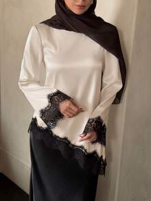 Luxury Satin Long Blouse In Apricot, Black Lace Trim Shirt, Suitable For Dates, Parties And Casual Home Wear - Apricot - View 6