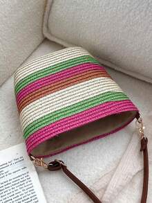 1 pezzo Borsa da spiaggia a quadri colorati, borsa a tracolla in paglia casual e pratica per donne, elegante borsa a tracolla, borsa da spiaggia per vacanze estive, può contenere portafoglio, borsetta, cosmetici, accessorio da viaggio essenziale, ottimo regalo per vacanze estive per la fidanzata o la mamma - Multicolore - Visualizzare 8