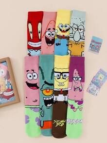 SpongeBob SquarePants 1/5/7/12双随机卡通情侣袜，可爱动漫图案（如眼睛、章鱼、海星等），纯色，舒适透气休闲家居袜 - 彩色 - 查看 2