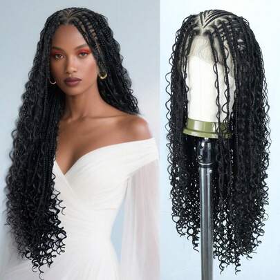 360 Degree Full Mesh Woven Wig, Bohemian Style Braided Wig With Curly Ends, Handmade Crochet Box Braids Wig, Includes Baby Hair, Black Natural Color, 30 Inches, Synthetic Full Mesh Woven Wig For Daily Use