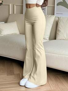 High Waist Elastic Flare Pants, Compression Tight Yoga Leggings, Breathable Quick-Dry Sports Pants, Women Skinny Trousers Spring - Apricot - View 4