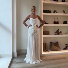 Women's Elegant White Flared A-Line Midi Dress With 3D Rose Details, Strapless Sleeveless Party Dress, Perfect For Special Occasions - 白色 - 查看 4