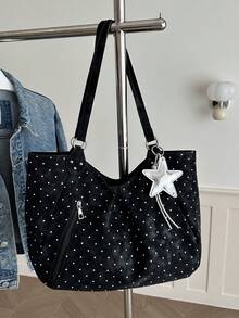 1pc Black And White Polka Dot Shoulder Bag, Top Zipper + Side Zipper, Star Pendant, Large Capacity, Suitable For Women - Black - View 5