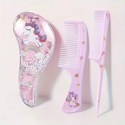 3pcs Cartoon Horse Pattern Brush Set, Includes Air Cushion Brush, Pointed Tail Brush, Smooth Hair Brush, Portable Brush, Suitable For Dry & Wet Hair, ABS Plastic Handle, Suitable For Home, School, Travel, Girl Gifts, Souvenirs