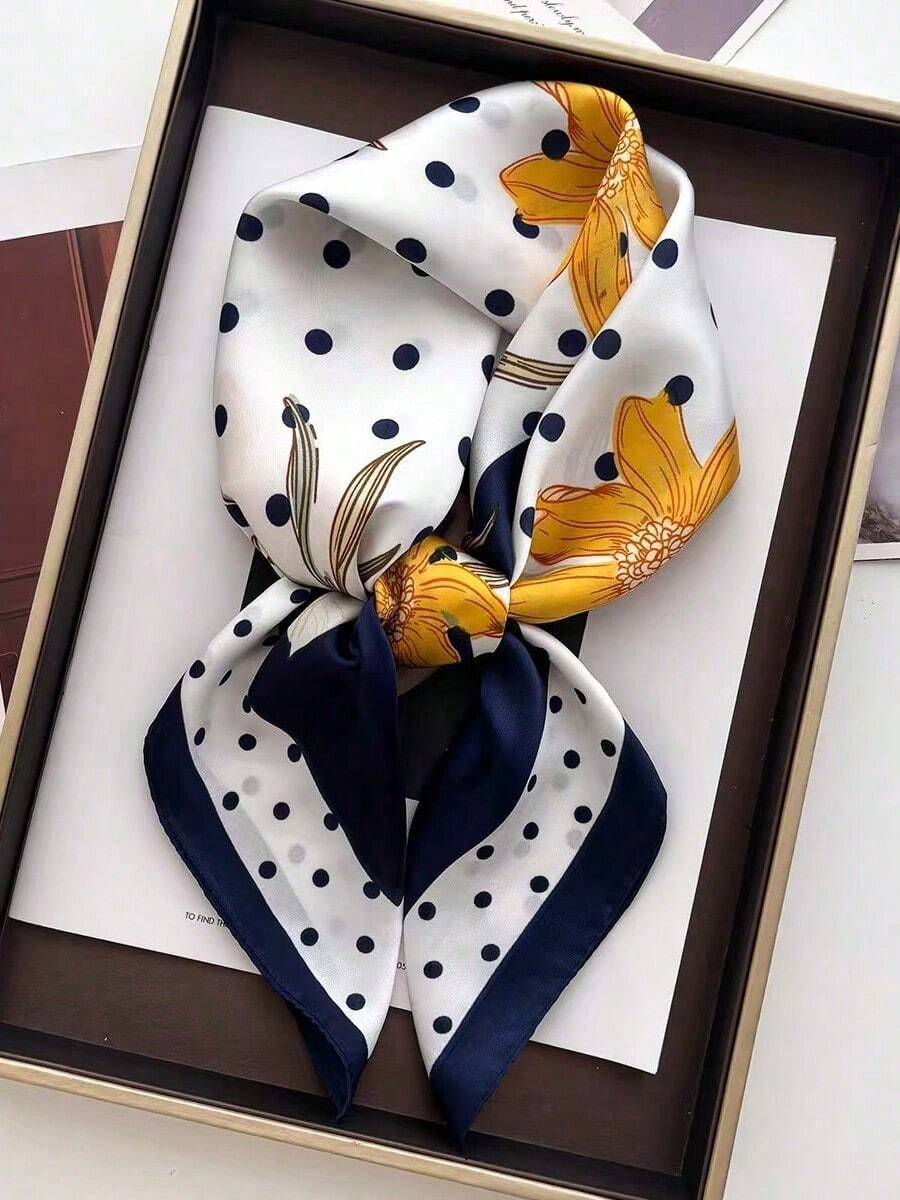 1 Stück eleganter, retro bedruckter, dünner Satinschal für Damen, Faux-Seide Material, bohemian-vintage Casual Stil, kann als Schal oder Stola verwendet werden, leicht und bequem, geeignet für Frühling/Sommer Alltag und Ausflüge - S55315 - Marineblau - Übersicht 1