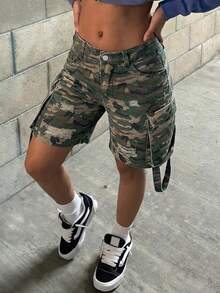 Women's Straight Leg Cargo Denim Capri Pants Casual Summer - 軍綠色 - 查看 5