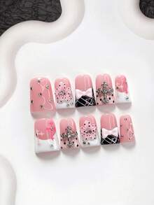 10Pcs Sweet Style Handmade Press On Nail,Polygel Nail Set,Bows,Silver Crosses And Rhinestones,Black And White Nail Polish,Exquisite Style,Includes Nail Tools,3 Sizes Available,Almond,Duck,Coffin Nails For Party,Dance,Daily Wear. - 彩色 - 查看 13