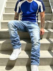 Men's High Stretch Straight Leg Casual Washed Distressed Minimalist Retro Jeans - Royal Blue - View 7